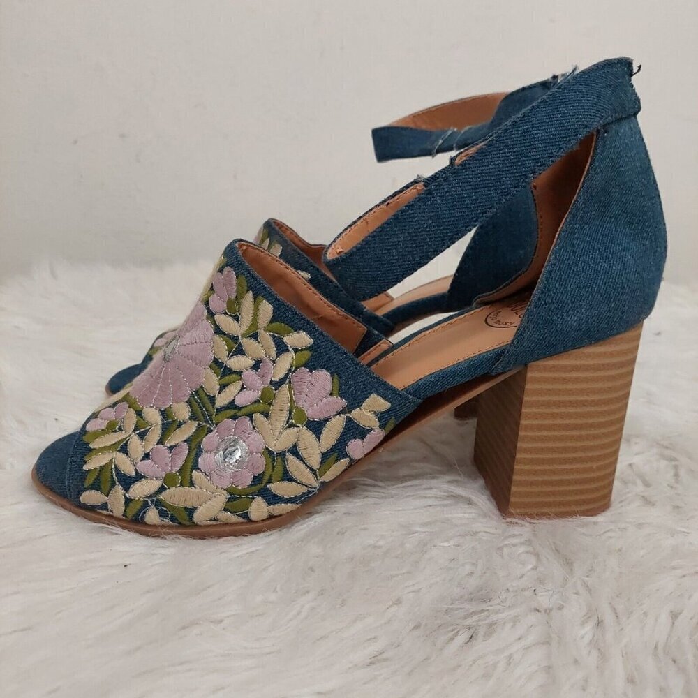 Dolce Mojo Moxy Denim Floral Boho‎ Embroidered Heeled Sandals Shoes Open Toe 10M